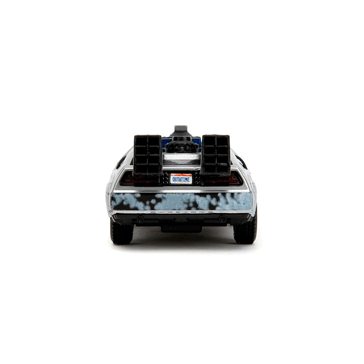 Back view of Back to the Future Time Machine Frost die-cast vehicle 1:32 scale by Go Figment on white background