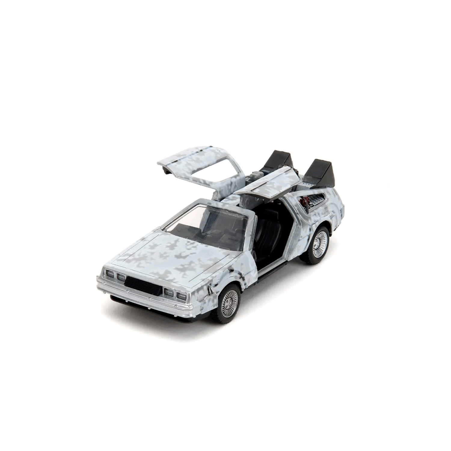 Go Figment Back to the Future Time Machine Frost 1:24 scale die-cast model with gull-wing doors open on white background