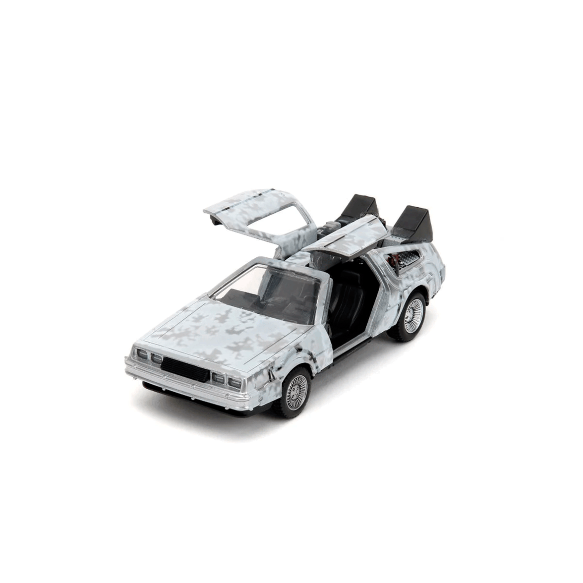 Go Figment Back to the Future Time Machine Frost 1:24 scale die-cast model with gull-wing doors open on white background