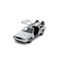 Go Figment Back to the Future Time Machine Frost 1:24 scale die-cast model with gull-wing doors open on white background