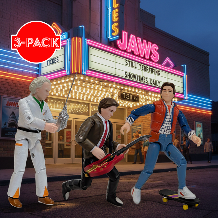 Super7 Back To The Future 3-pack ReAction figures of Marty McFly and Doc Brown in 1955 scene with skateboard and guitar