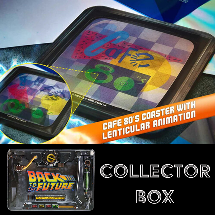 Back to the Future collector box featuring Cafe 80’s lenticular coaster and retro-style time travel graphics by Doctor Collector