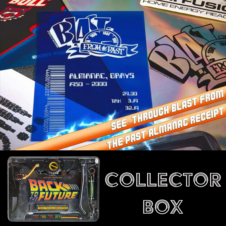 Back to the Future almanac receipt and collector box featuring time travel design by Doctor Collector