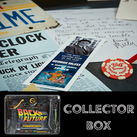 Vintage Back to the Future memorabilia including a bookmark, poker chip, and letters by Doctor Collector