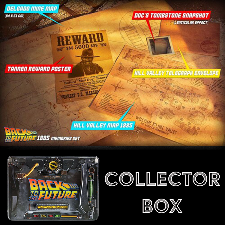 Back to the Future map and memorabilia display with labeled items and collector box by Doctor Collector
