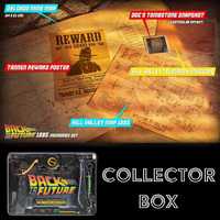 Back to the Future map and memorabilia display with labeled items and collector box by Doctor Collector