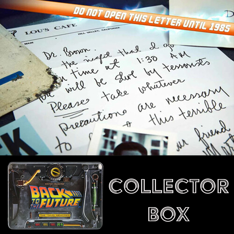 Close-up of handwritten time travel letter with 1985 warning and Back to the Future collector box by Doctor Collector