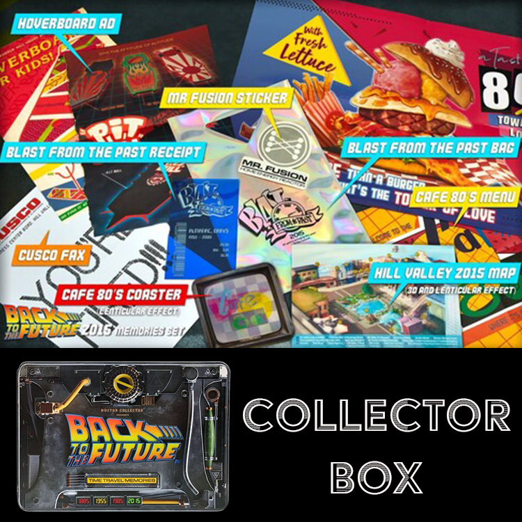 Back to the Future memorabilia spread with 3D map, stickers, coasters, and vintage styled items by Doctor Collector