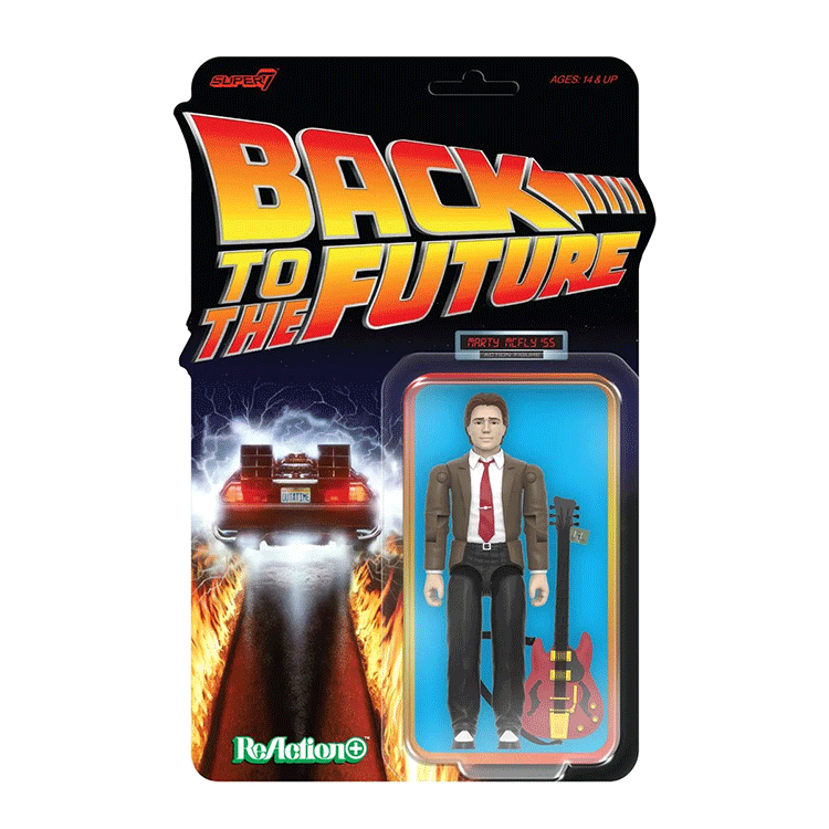 Super7 Back To The Future Marty McFly 1955 figure in brown jacket with red guitar accessory in blister card packaging