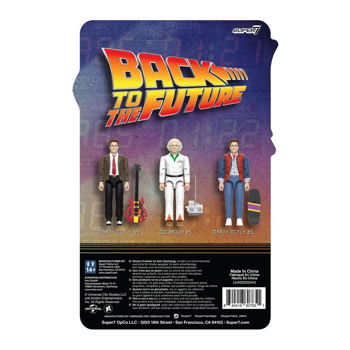 Super7 Back To The Future 3-Pack ReAction+ figures featuring Marty McFly and Doc Brown 1955 with accessories in packaging