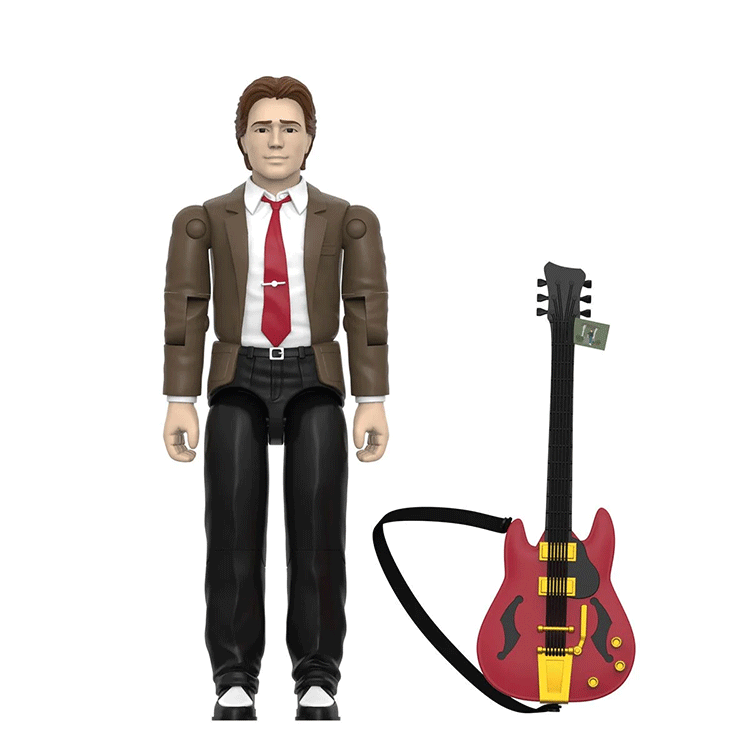 Super7 Back To The Future Marty McFly figure in brown jacket and red tie with red electric guitar accessory