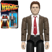 Super7 Back To The Future Marty McFly 1955 ReAction+ figure in brown jacket and red tie with guitar accessory in packaging