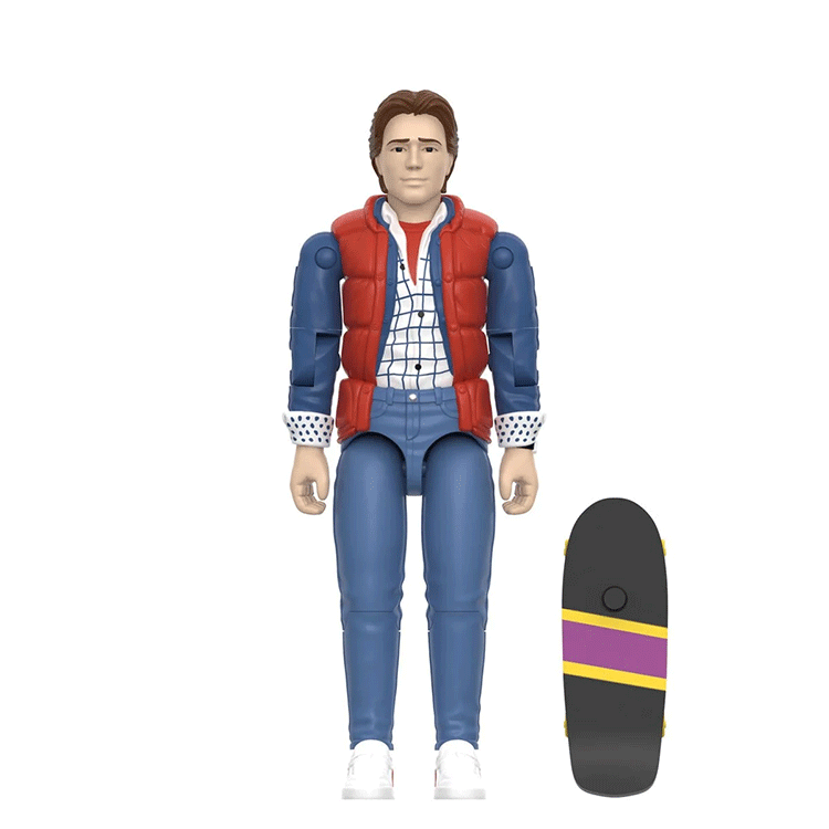 Super7 Back To The Future Marty McFly 1985 figure in red vest and blue jeans with skateboard accessory