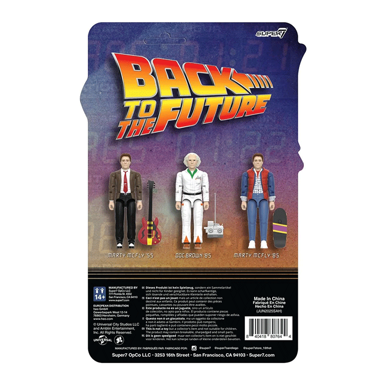 Super7 Back to the Future 1985 3-figure set with Marty McFly, Doc Brown, and skateboard accessory in blister pack