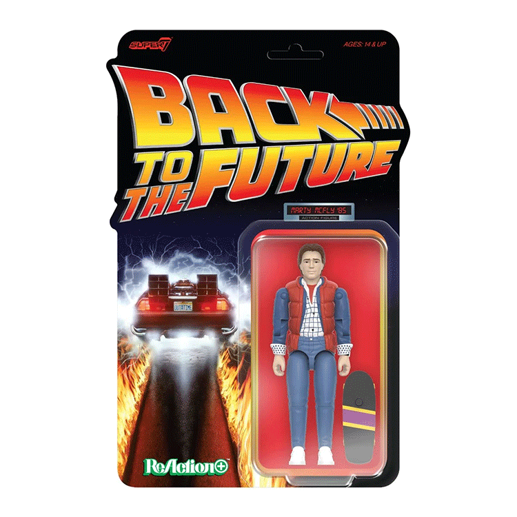 Super7 Back To The Future Marty McFly 1985 figure in original blister pack with skateboard and fiery DeLorean background