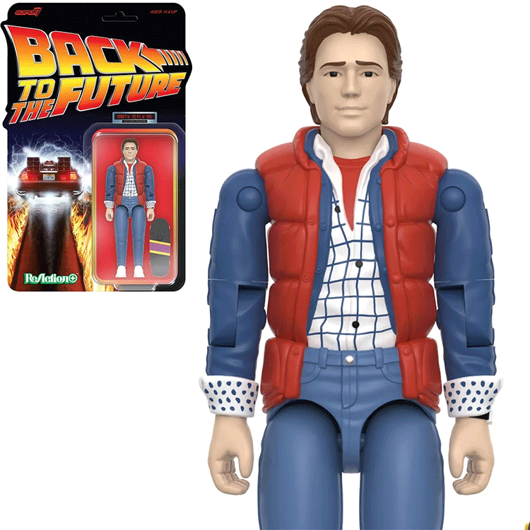 Super7 Back To The Future Marty McFly 1985 ReAction+ figure in red vest and checkered shirt with blister card packaging