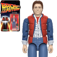 Super7 Back To The Future Marty McFly 1985 ReAction+ figure in red vest and checkered shirt with blister card packaging