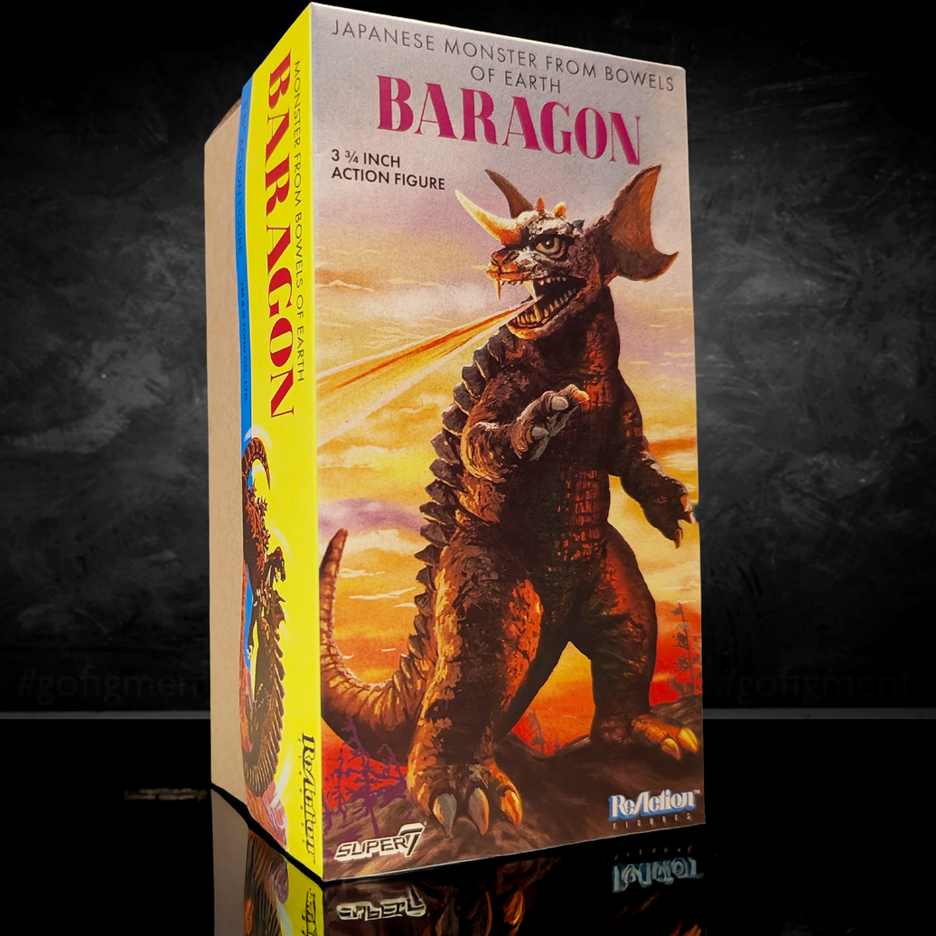 Super7 Toho ReAction Wave 1 Baragon 3.75-inch retro style action figure box with vintage monster artwork