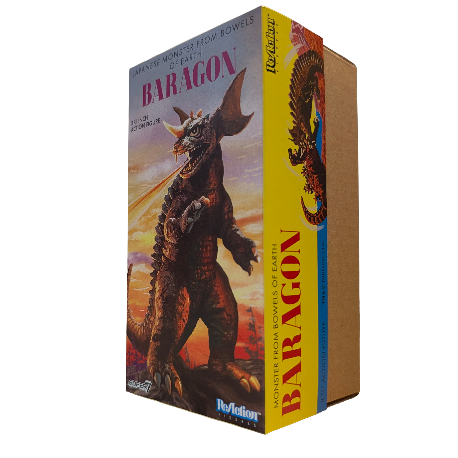 Super7 Toho ReAction Wave 1 Baragon 3.75 inch retro style action figure box with vintage monster artwork