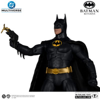 McFarlane 7-inch DC Multiverse Batman Returns action figure in black suit with gold belt holding grappling gun