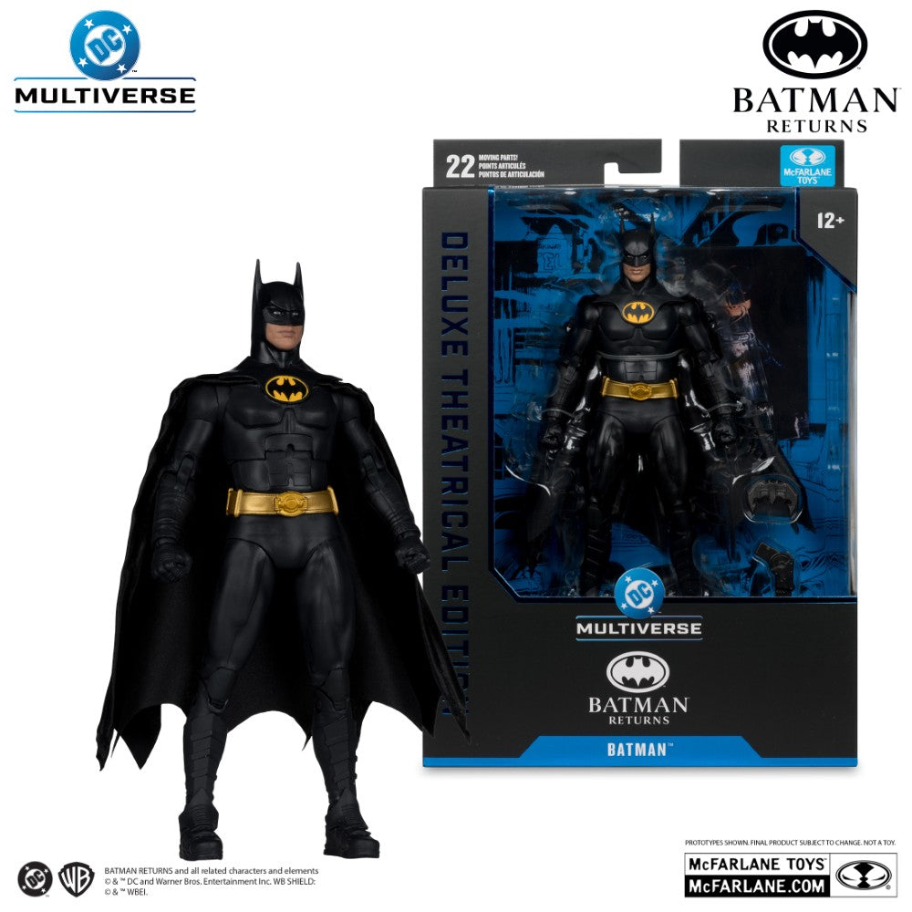7 inch McFarlane DC Multiverse Batman Returns deluxe theatrical edition action figure in black suit with cape and packaging