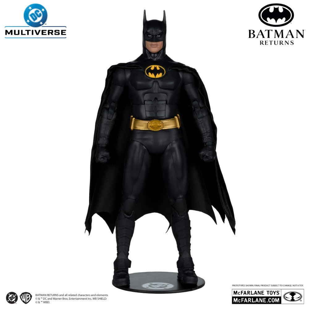McFarlane 7-inch DC Multiverse Batman Returns action figure in black suit with gold belt and cape on display stand