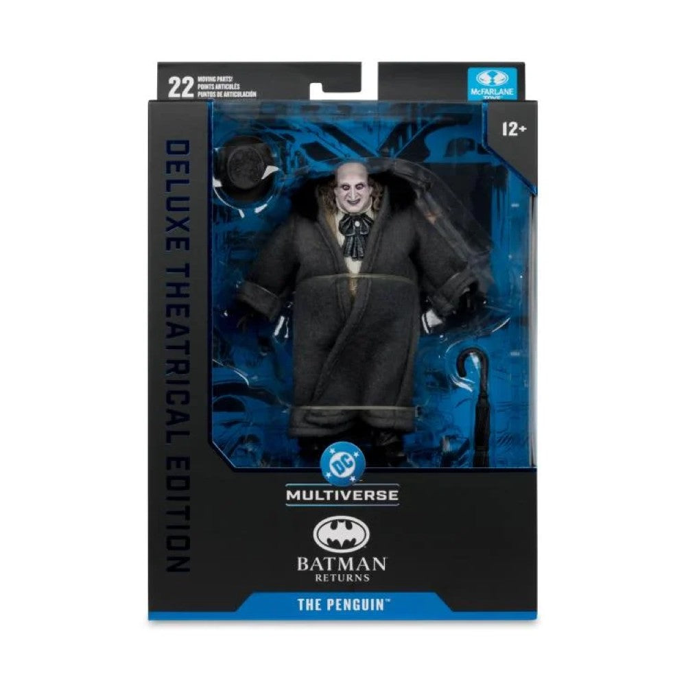 McFarlane Batman Returns DC Multiverse The Penguin Deluxe Theatrical Edition action figure with coat and accessories.