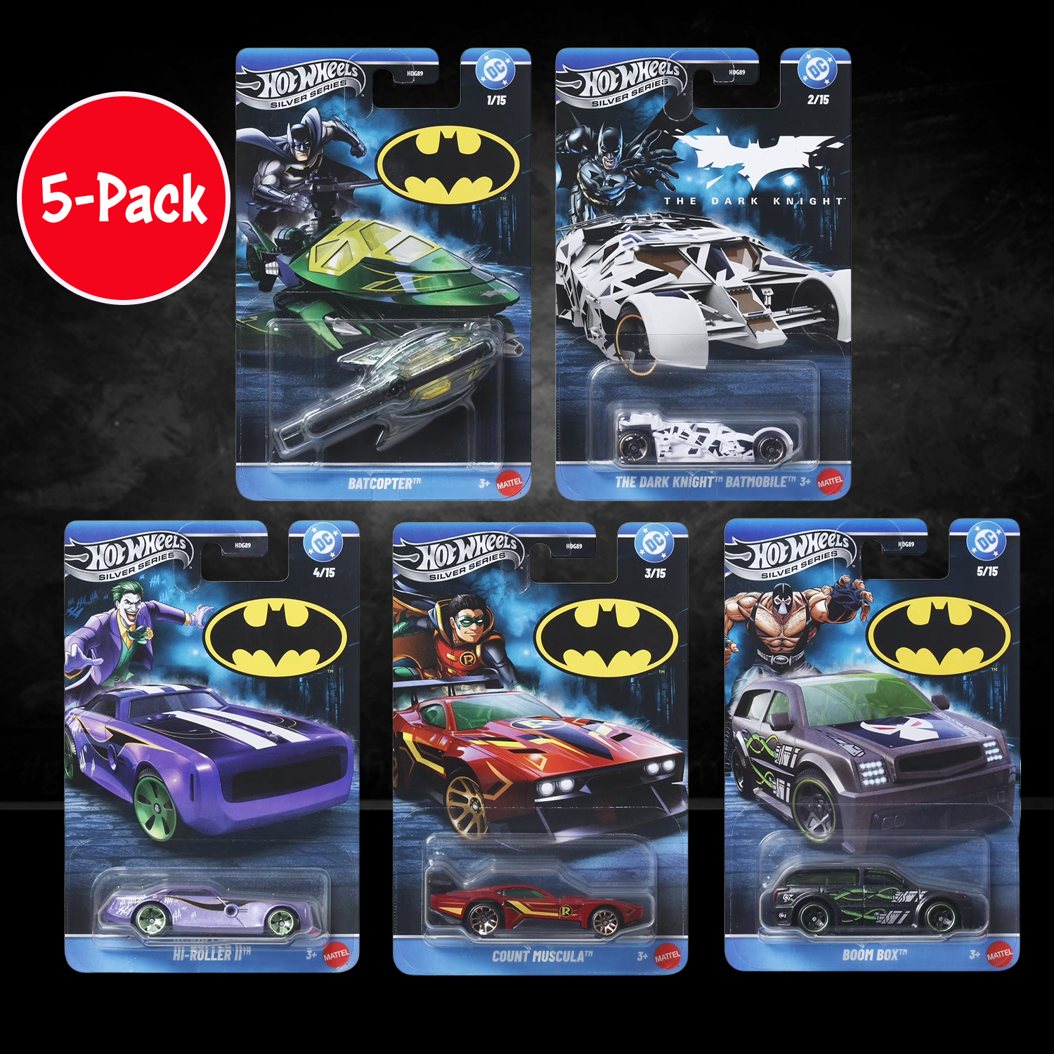 Mattel - Hot Wheels 1:64 Silver Series Batman 5-Piece S Assortment (DC) featuring iconic Batmobile and characters