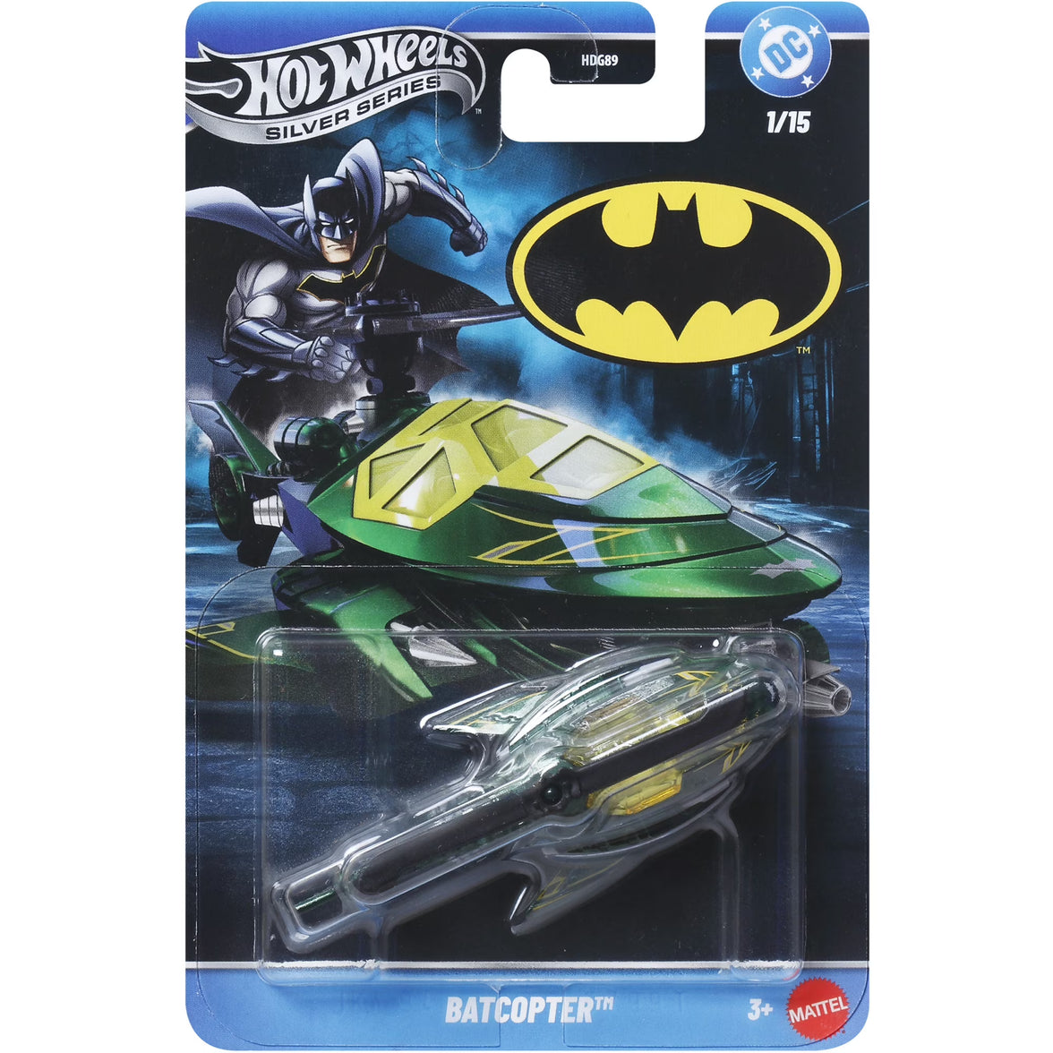 Mattel - Hot Wheels 1:64 Silver Series Batman 5-Piece S Assortment (DC) featuring Batcopter toy vehicle in silver and green colors