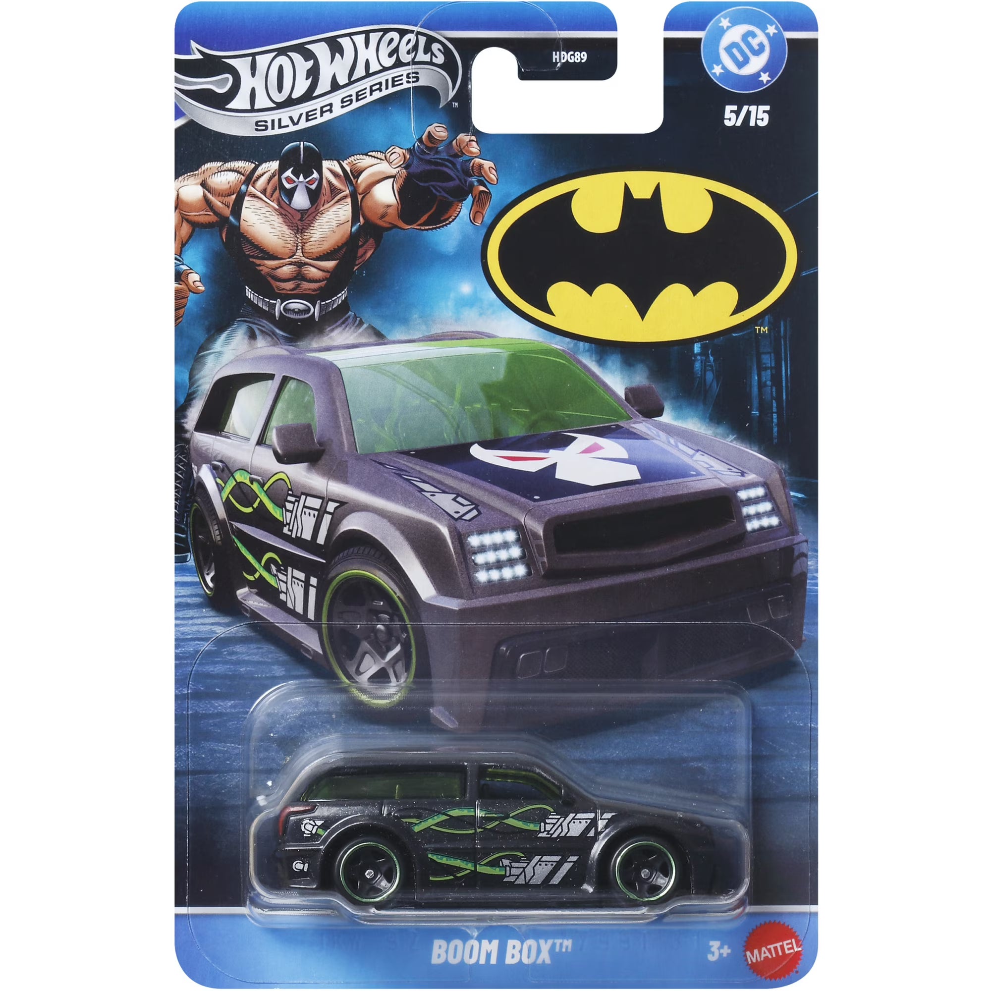 Mattel - Hot Wheels 1:64 Silver Series Batman 5-Piece S Assortment (DC) featuring black Boom Box car with green accents