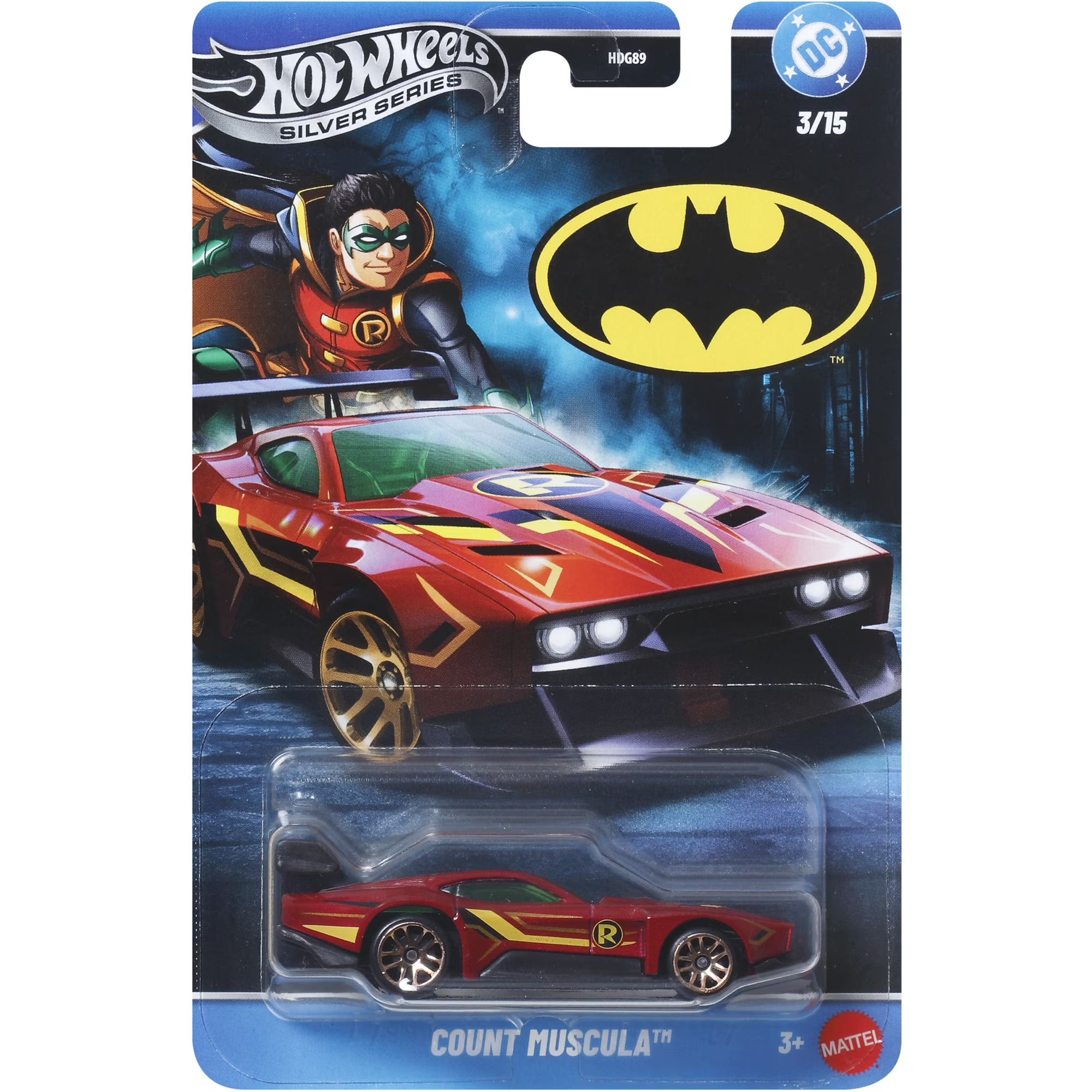 Mattel - Hot Wheels 1:64 Silver Series Batman 5-Piece S Assortment (DC) featuring Count Musculla red and yellow Robin-themed car toy