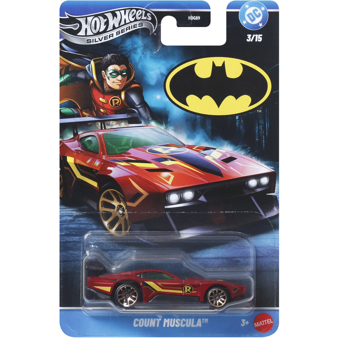 Mattel - Hot Wheels 1:64 Silver Series Batman 5-Piece S Assortment (DC) featuring Count Musculla red and yellow Robin-themed car toy