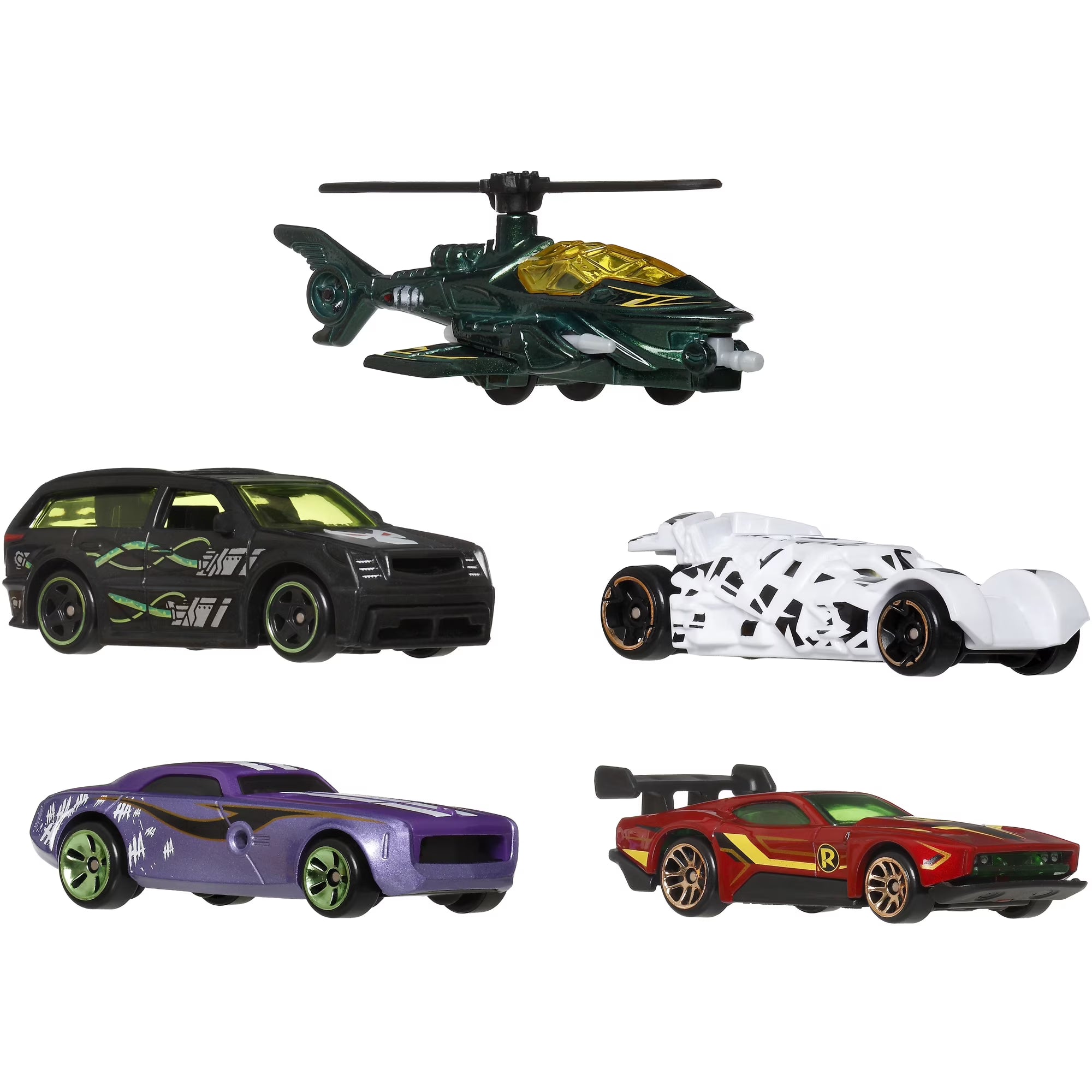 Mattel - Hot Wheels 1:64 Silver Series Batman 5-Piece S Assortment (DC) featuring detailed black, white, purple cars and green-yellow helicopter