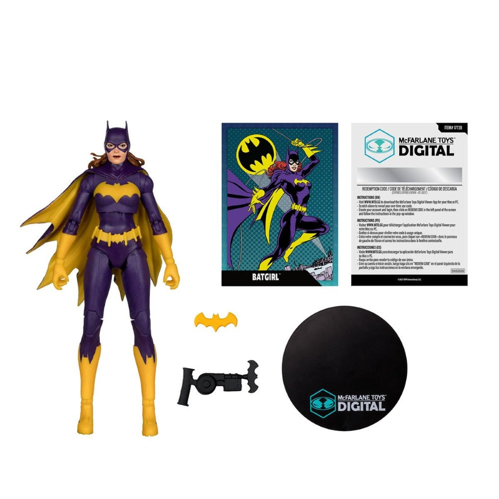 McFarlane 7-inch Batgirl action figure in purple and yellow costume with accessories and collectible card on white background
