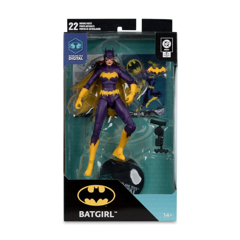 McFarlane 7-inch Batgirl action figure in purple and yellow costume with stand and accessories in sealed packaging
