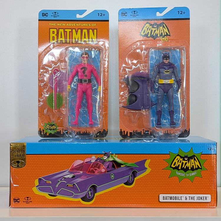 McFarlane Batman '66 Joker and Batman figures with classic purple Jokerized Batmobile in original packaging