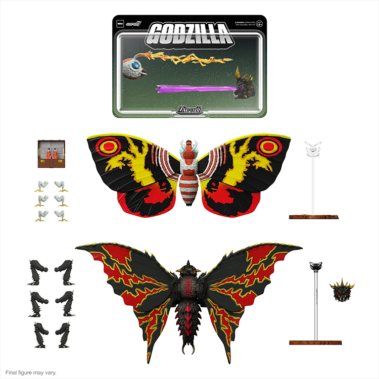 Super7 Battra 1992 action figure with interchangeable heads, legs, wings, and display stands from Godzilla vs. Mothra film