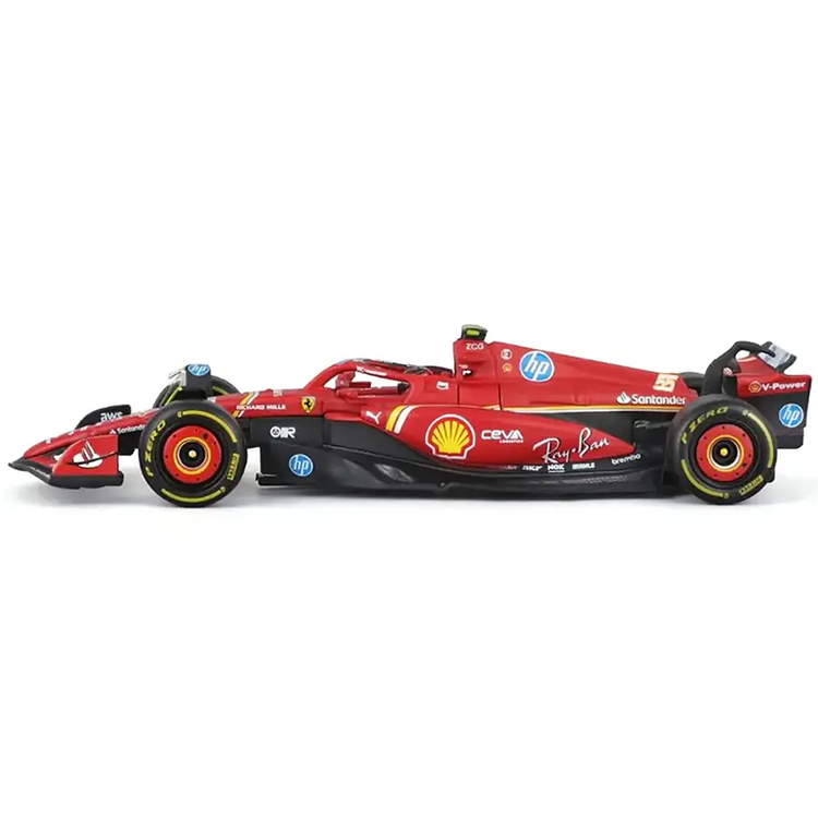 Bburago 1:43 scale model of Ferrari SF-24 car driven by Carlos Sainz with detailed sponsor logos and helmet replica