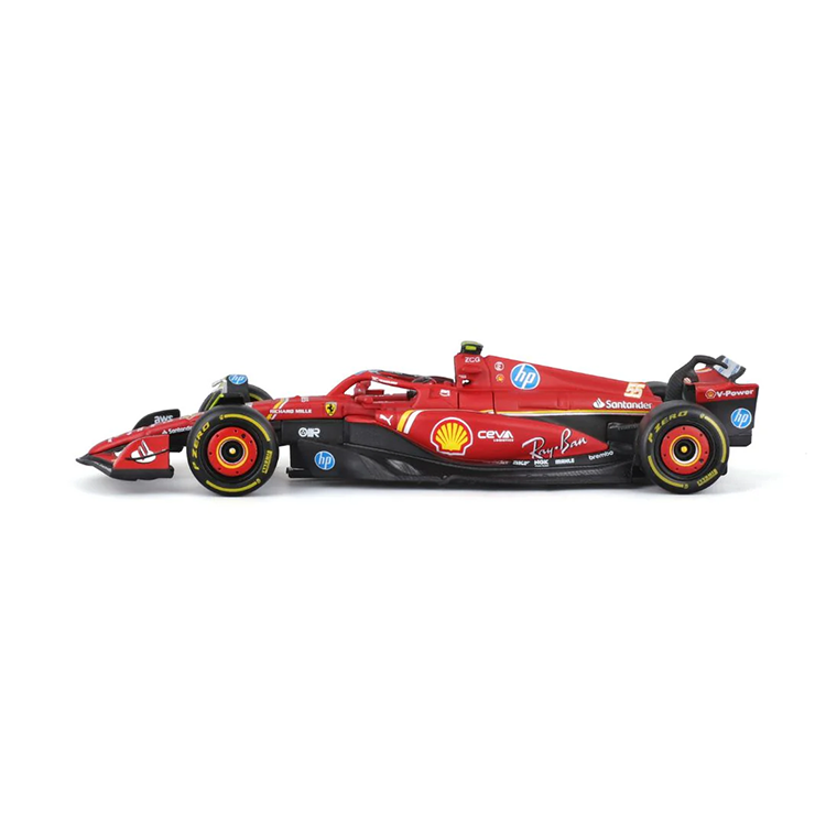 Bburago 1:43 scale model of Ferrari SF-24 #55 driven by Carlos Sainz with detailed sponsor logos and helmet included