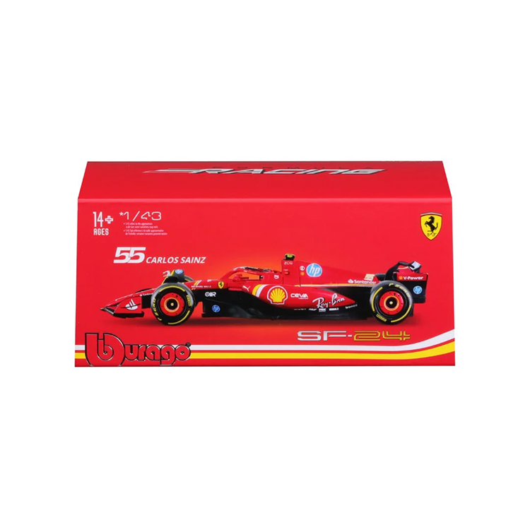 Bburago 1:43 scale Ferrari SF-24 model featuring Carlos Sainz with detailed sponsor logos and driver helmet