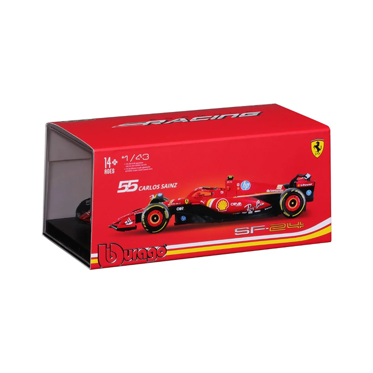 Bburago 1:43 scale model of Carlos Sainz Ferrari SF-24 with helmet in red display box for collectors