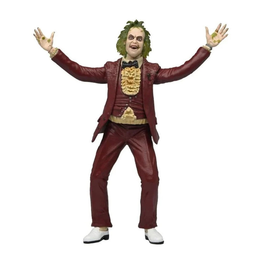 Beetlejuice (1988) Red Tuxedo NECA 7-Inch Scale Action Figure in dynamic pose wearing red suit and ruffled shirt by Neca new in box