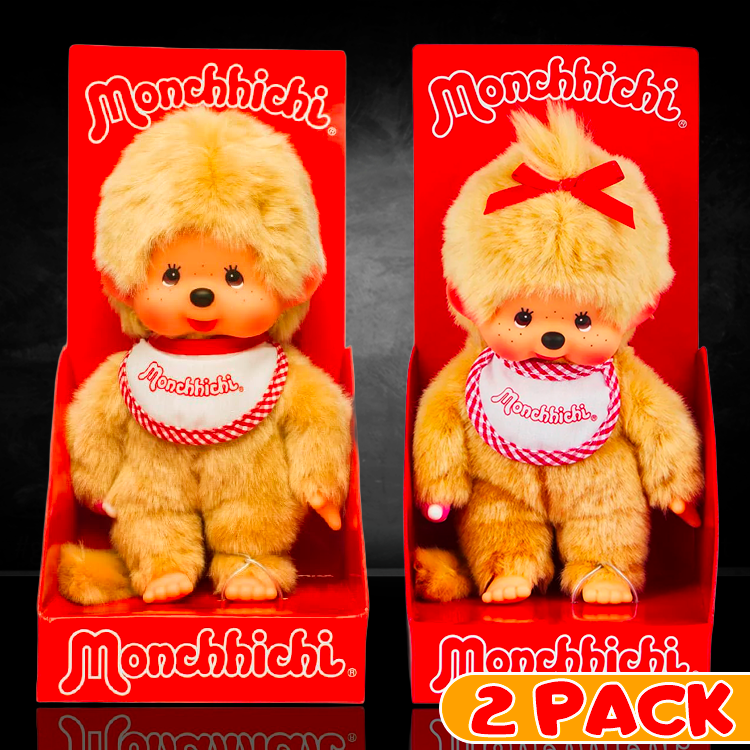 Sekiguchi Monchhichi beige boy and girl plush dolls in original packaging with red bibs and bows, 8 inches tall.