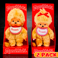 Sekiguchi Monchhichi beige boy and girl plush dolls in original packaging with red bibs and bows, 8 inches tall.
