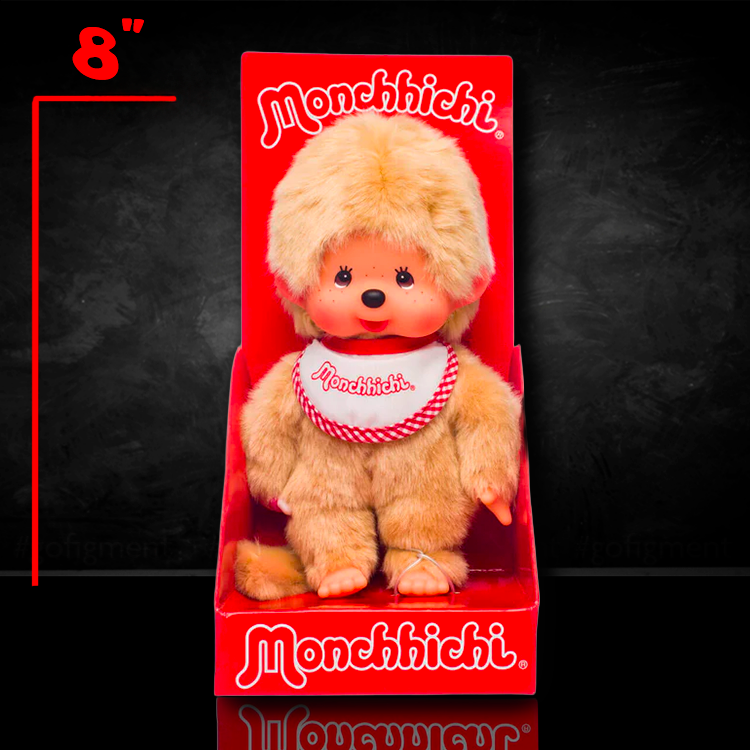 Sekiguchi Monchhichi 8 inch beige plush boy monkey with red and white bib in branded packaging