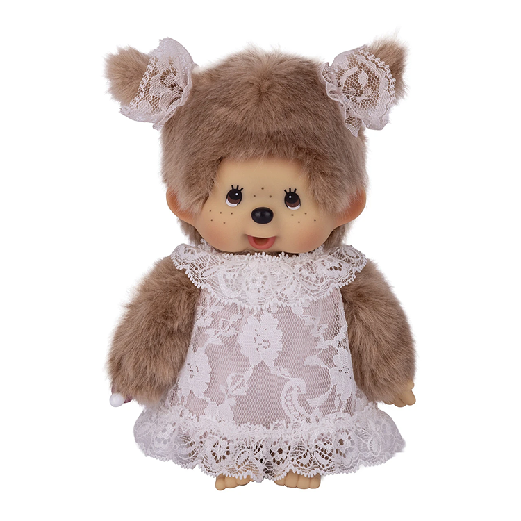 8" Monchhichi Beige Girl - in White Lace Dress, Lace Ribbon Ponytail and Brown Eyes by Sekiguchi