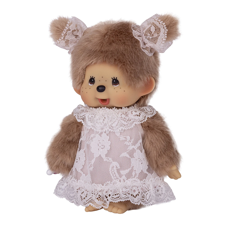 Sekiguchi 8" Monchhichi Beige Girl - in White Lace Dress, Lace Ribbon Ponytail and Brown Eyes doll