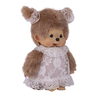 8" Monchhichi Beige Girl - in White Lace Dress, Lace Ribbon Ponytail and Brown Eyes by Sekiguchi