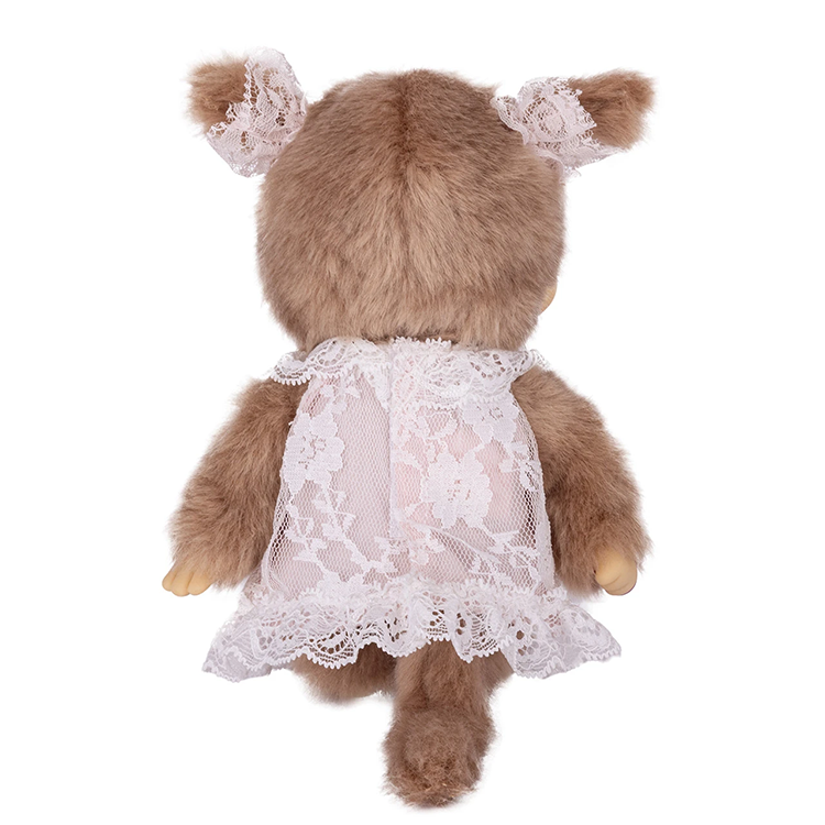 8" Monchhichi Beige Girl - in White Lace Dress, Lace Ribbon Ponytail and Brown Eyes by Sekiguchi