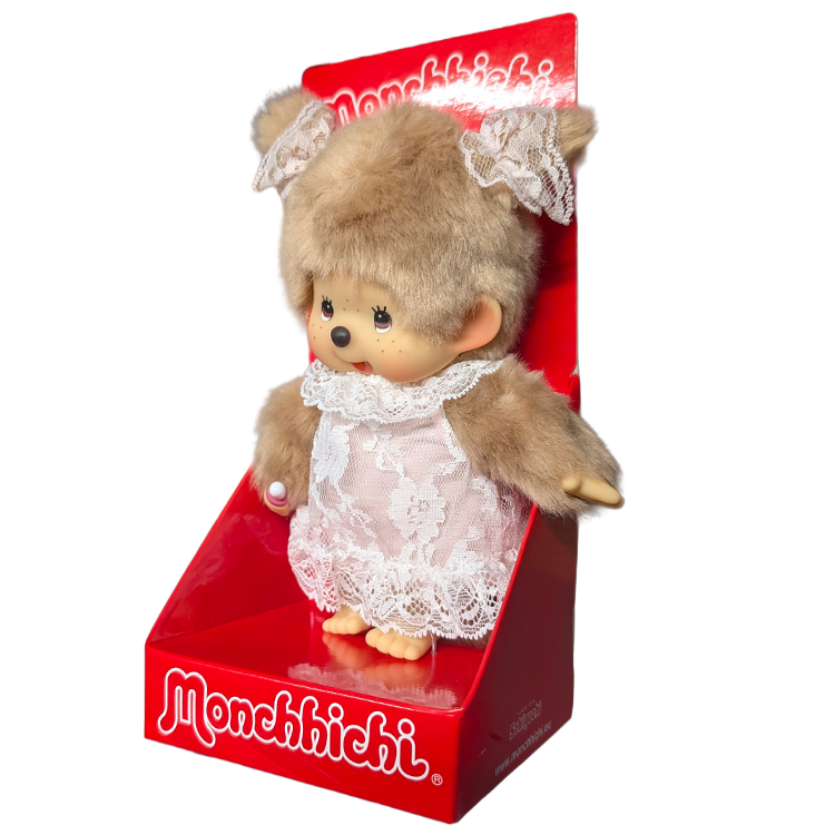 8" Monchhichi Beige Girl - in White Lace Dress, Lace Ribbon Ponytail and Brown Eyes by Sekiguchi